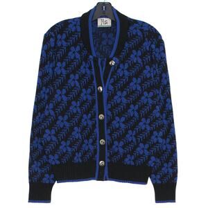 Vintage Mita Cardigan Sweater Floral Preppy Cottage Academia Retro Blue Black 14